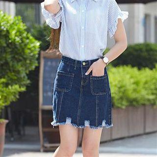 Fray-hem Stitched Denim Skirt