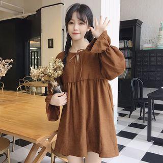 Gather-cuff Tie-neck A-line Dress