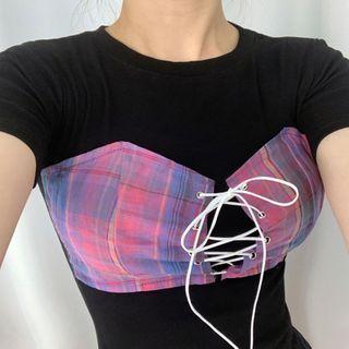 Mock Two-piece Short-sleeve Lace-up Plaid T-shirt