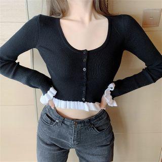 Ruffle Trim Button-up Knit Crop Top Black - One Size