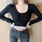 Ruffle Trim Button-up Knit Crop Top Black - One Size