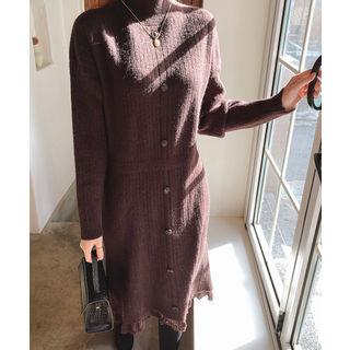 Turtle-neck Button-trim Dress Brown - One Size