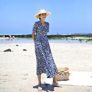 Floral Print Wrap-front Midi Dress Navy Blue - One Size