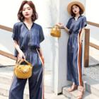 Short-sleeve Paneled Zip Wide Leg Jumpsuit