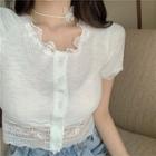 Short-sleeve Lace Panel Cropped Knit Top