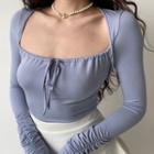 Long-sleeve Square-neck Lace-up Plain Top