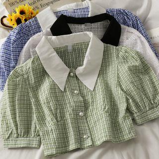 Checker Puff-sleeve Crop Shirt