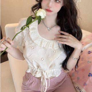 Puff-sleeve Drawstring Crop Eyelet Lace Blouse