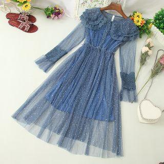 Set: Collared Long-sleeve A-line Midi Mesh Dress + Slipdress