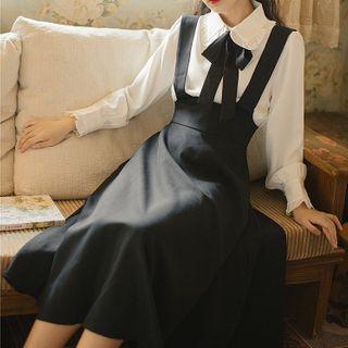 Set: Long-sleeve Tie-neck Shirt + Midi A-line Suspender Skirt