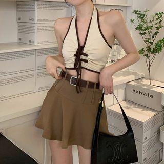 Halter-neck Lace-up Camisole Top / High-waist Plain A-line Mini Skirt