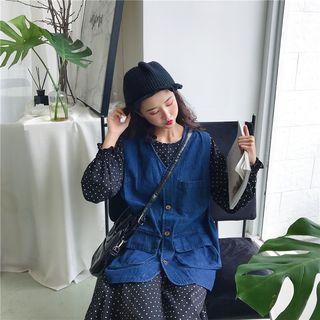 Buttoned Denim Vest / Long-sleeve Dotted Midi Shirt Dress
