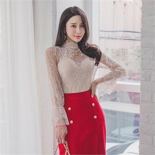 Frilled Mock-neck Lace Sheer Mesh Top