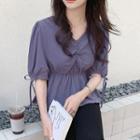 Ruched V-neck Elbow-sleeve Peplum Blouse