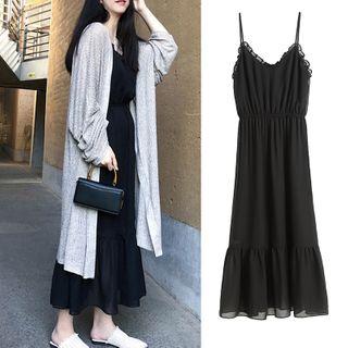Spaghetti Strap Midi A-line Mesh Dress / Ribbed Long Cardigan