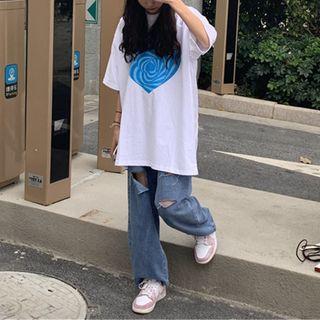High-waist Washed Distressed Straight Leg Pants
