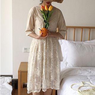 Elbow-sleeve T-shirt Dress / Lace Strappy Dress