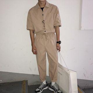 Short-sleeve Zip Straight-cut Jumpsuit