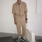 Short-sleeve Zip Straight-cut Jumpsuit