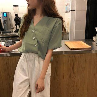 Elbow-sleeve Asymmetric Buttoned Top / Straight Fit Pants