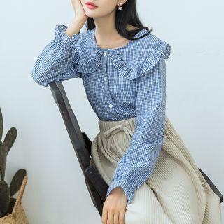 Peter Pan Collar Long-sleeve Plaid Blouse