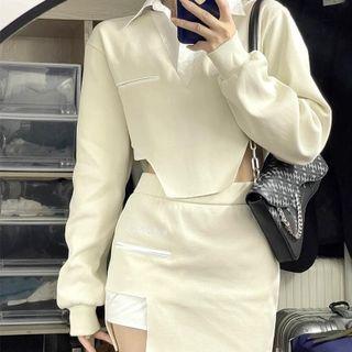 Long-sleeve Asymmetrical Hem Cropped Top / Printed Slit Mini Skirt