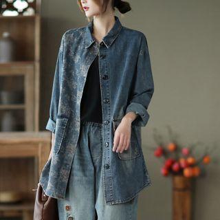 Long-sleeve Floral Print Denim Shirt