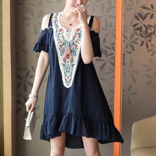 Elbow-sleeve Cold Shoulder Frill Trim Embroidered Dress