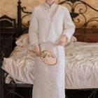Long-sleeve Floral Embroidery Midi Qipao Dress / Frog Buttoned Cardigan / Set