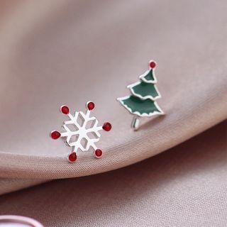 Christmas Asymmetric Ear Stud 1 Pair - Green & Red - One Size