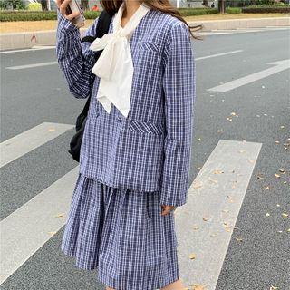 Check Blazer / Check A-line Skirt / Long Sleeve Lace-up Blouse