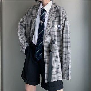 Letter Embroidered Buckled Plaid Blazer