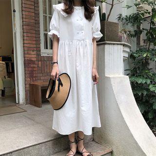 Elbow-sleeve Frill-trim A-line Midi Dress