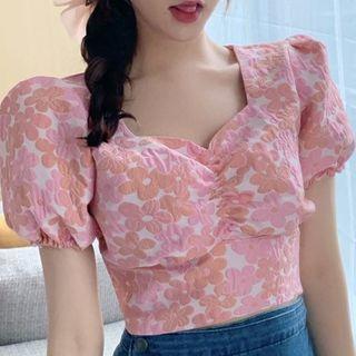Puff-sleeve Floral Print Top As Shown In Figure - One Size