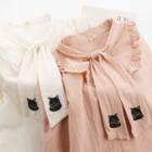 Cat Embroidered Tie-neck Shirt