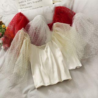 Off-shoulder Mesh-sleeve Crop Top