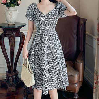 Puff Sleeve V-neck Print A-line Dress