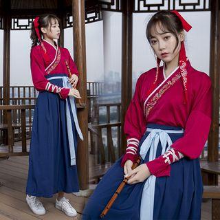 Couple Matching Set : Long-sleeve Hanfu Top + Maxi A-line Skirt