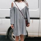 Mock Two-piece Long-sleeve Plaid Off-shoulder A-line Mini Dress