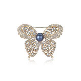 925 Sterling Silver Plated Gold Bright And Elegant Butterfly Black Freshwater Pearl Brooch With Cubic Zirconia Golden - One Size