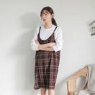 Set: T-shirt + Spaghetti-strap Plaid Dress