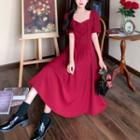 Short-sleeve Square Neck Ribbon Midi A-line Dress