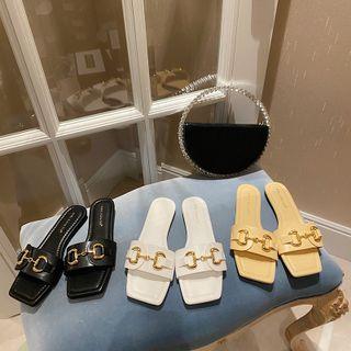 Square-toe Buckled Flat Slide Sandals