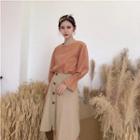 Gather Cuff Plain Top / Buttoned A-line Skirt