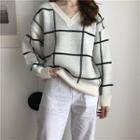 Long-sleeve Plaid Knit Top Off-white - One Size