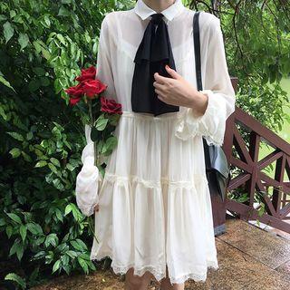 Tie Accent Long-sleeve A-line Chiffon Dress As Shown In Figure - One Size