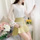 Set: Bell-sleeve Lace Top + Mini A-line Skirt