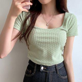 Short Sleeve Square-neck Cable-knit Crop Top