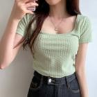 Short Sleeve Square-neck Cable-knit Crop Top