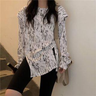 Long Sleeve Slit Print T-shirt As Shown In Figure - One Size